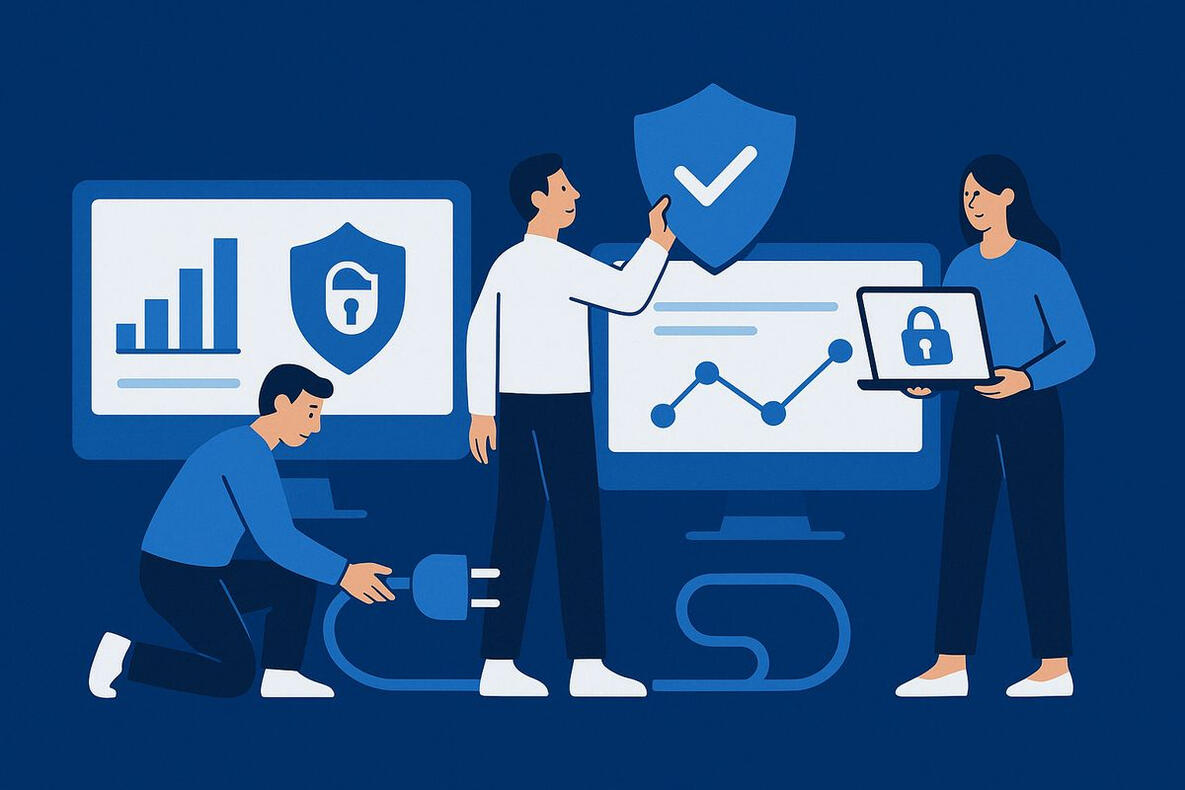 Stealth Fortress – Collaborative Cybersecurity in Action Illustration of three professionals collaborating on cybersecurity tasks in front of digital monitors with security icons and charts